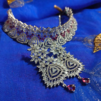 N0560_Ravising designer American Diamond stones choker set with delicate stone work with a touch of wine red stone.