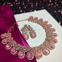 N0544_Lovely rose gold choker necklace embellished with american diamond stones with a touch of pink stones.