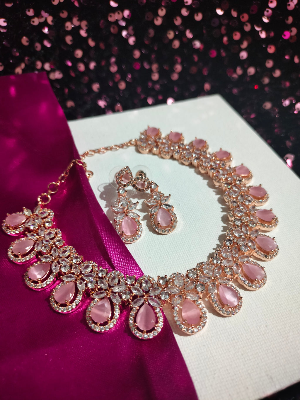 Rose Gold American Diamond Necklace Set Pink CZ Diamond 