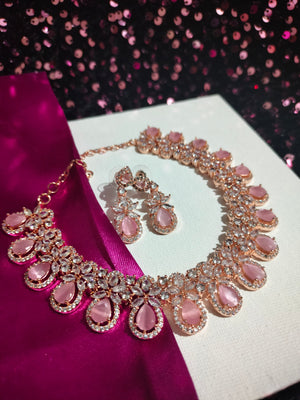 N0544_Lovely rose gold choker necklace embellished with american diamond stones with a touch of pink stones.