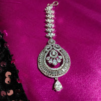 M030_Classy tear drop design American diamond studded Maang tika with delicate stone work.