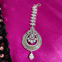 M030_Classy tear drop design American diamond studded Maang tika with delicate stone work.