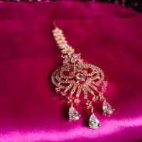 M032_Elegant designer rose gold American diamond studded Maang tika with delicate stone work.
