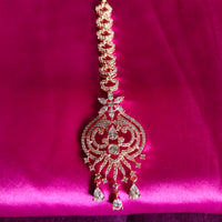 M032_Elegant designer rose gold American diamond studded Maang tika with delicate stone work.