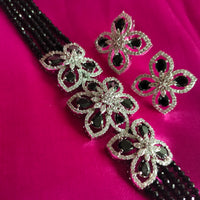 N0529_Classic designer crystal with floral design pendant choker necklace set studded  with  American diamond stones.
