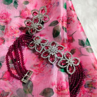 N0575_Classic designer crystal with floral design pendant choker necklace set studded  with  American diamond stones.