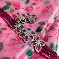 N0575_Classic designer crystal with floral design pendant choker necklace set studded  with  American diamond stones.