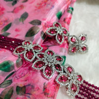 N0575_Classic designer crystal with floral design pendant choker necklace set studded  with  American diamond stones.
