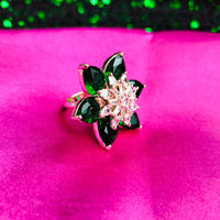 R065_Gorgeous flower design American Diamond studded statement ring studded with a touch of green stones.