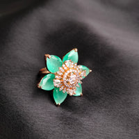 R067_Gorgeous flower design American Diamond studded statement ring studded with sea green color stones.