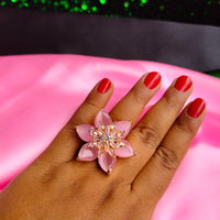 R068_Gorgeous flower design American Diamond studded statement ring studded with pink stones.