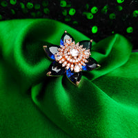 R063_Gorgeous flower design American Diamond studded statement ring studded with navy blue colour stones.