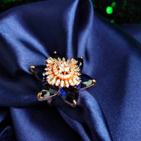 R063_Gorgeous flower design American Diamond studded statement ring studded with navy blue colour stones.
