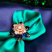 R063_Gorgeous flower design American Diamond studded statement ring studded with navy blue colour stones.