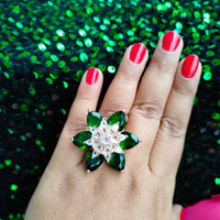 R065_Gorgeous flower design American Diamond studded statement ring studded with a touch of green stones.