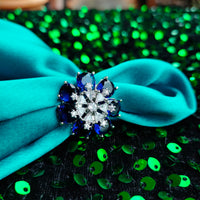 R058_Elegant flower design American Diamond studded statement ring with a touch of blue stones.