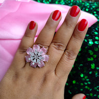 R060_Lovely flower design American Diamond studded statement ring with a touch of Pink stones.