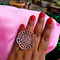 R072_Grand Designer American Diamond studded statement ring studded with a touch of pink stones.