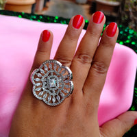 R074_Grand designer American Diamond studded statement ring with delicate stone work.