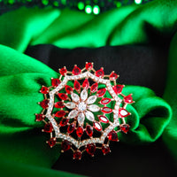 R078_Classic Grand circular design rose gold American Diamond studded statement ring with a touch of red stones.