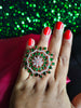 R077_Classic Grand circular design rose gold American Diamond studded statement ring with a touch of green stones.