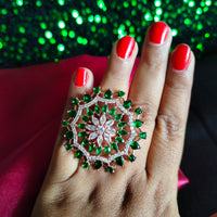 R077_Classic Grand circular design rose gold American Diamond studded statement ring with a touch of green stones.