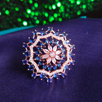 R080_Classic Grand circular design rose gold American Diamond studded statement ring with a touch of blue stones.