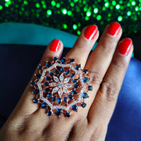 R080_Classic Grand circular design rose gold American Diamond studded statement ring with a touch of blue stones.