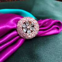 R091_Elegant flowery design circular rose gold American Diamond studded statement ring with a touch of sea green stones.