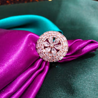 R090_Elegant flowery design circular rose gold American Diamond studded statement ring with delicate stone work.