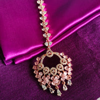 M045_Lovely flower design American diamond studded Maang tika with a touch of  pink stones.