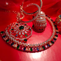 N0505_Gorgeous  designer rose gold american diamond embellished necklace set with a touch of  multi colour