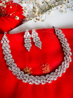 N01111_Lovely designer silver polished choker necklace embellished with American diamond stones with delicate white stone work.