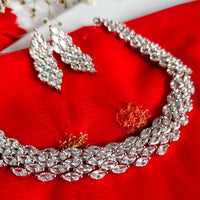 N01111_Lovely designer silver polished choker necklace embellished with American diamond stones with delicate white stone work.