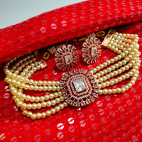 N02005_Classic designer off white pearl crystal Grand square shaped pendant choker necklace set studded  with  American diamond stones.