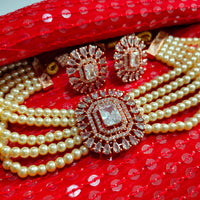 N02005_Classic designer off white pearl crystal Grand square shaped pendant choker necklace set studded  with  American diamond stones.