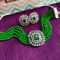 N02004_Classic designer leafy green crystal Grand square shaped pendant choker necklace set studded  with  American diamond stones.