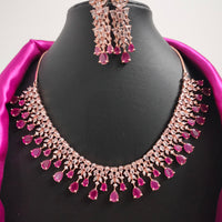 N01160_Grand Lovely designer Rose Gold polished choker necklace embellished with American diamond stones with delicate Ruby Pink Stones work.