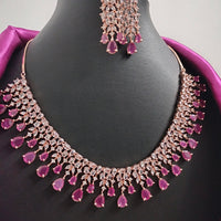 N01160_Grand Lovely designer Rose Gold polished choker necklace embellished with American diamond stones with delicate Ruby Pink Stones work.