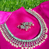 N01148_Grand Lovely designer Silver polished choker necklace embellished with American diamond stones with delicate mint green and pearl work.