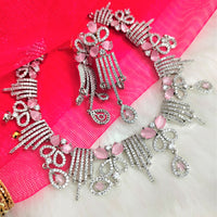 N01184_Grand Lovely designer Silver polished Necklace Set  embellished with American diamond stones with delicate Pink Stones .
