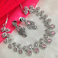 N01186_Grand Lovely designer Silver polished Necklace Set  embellished with American diamond stones with delicate Pink Stones .