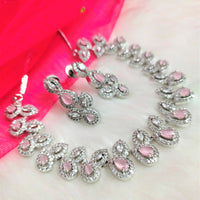 N01186_Grand Lovely designer Silver polished Necklace Set  embellished with American diamond stones with delicate Pink Stones .