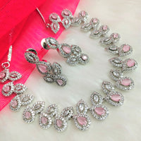 N01186_Grand Lovely designer Silver polished Necklace Set  embellished with American diamond stones with delicate Pink Stones .