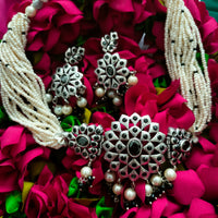 N0162_Exquisite pure German silver Oxidized necklace set studded with stones with a touch of white moti & pearl drops.