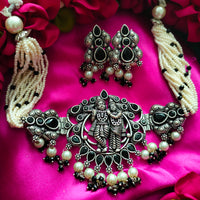 N0161_Exquisite pure German silver Oxidized necklace set studded with stones with a touch of white moti & pearl drops.