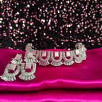 N02010_Gorgeous  designer silver polished American diamond embellished choker necklace set with a touch of Pink & white stones.