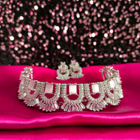 N02010_Gorgeous  designer silver polished American diamond embellished choker necklace set with a touch of Pink & white stones.