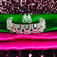 N02011_Gorgeous  designer silver polished American diamond embellished choker necklace set with a touch of Mint Green & white stones.