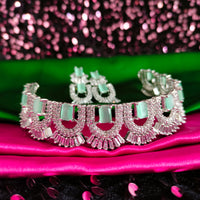 N02011_Gorgeous  designer silver polished American diamond embellished choker necklace set with a touch of Mint Green & white stones.